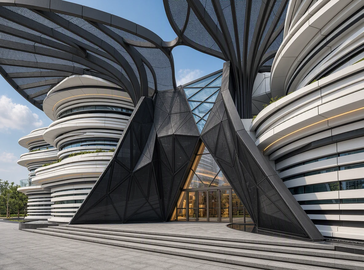 Iconic Monumental Entrance Portico with Parametric Faceted Structural Steel Arches