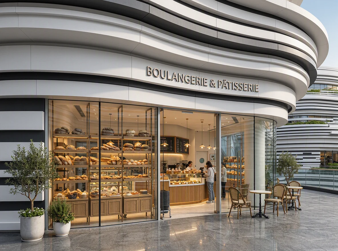 Ground-Floor Gourmet Bakery & Café Frontage Along Shaded Pedestrian Promenade