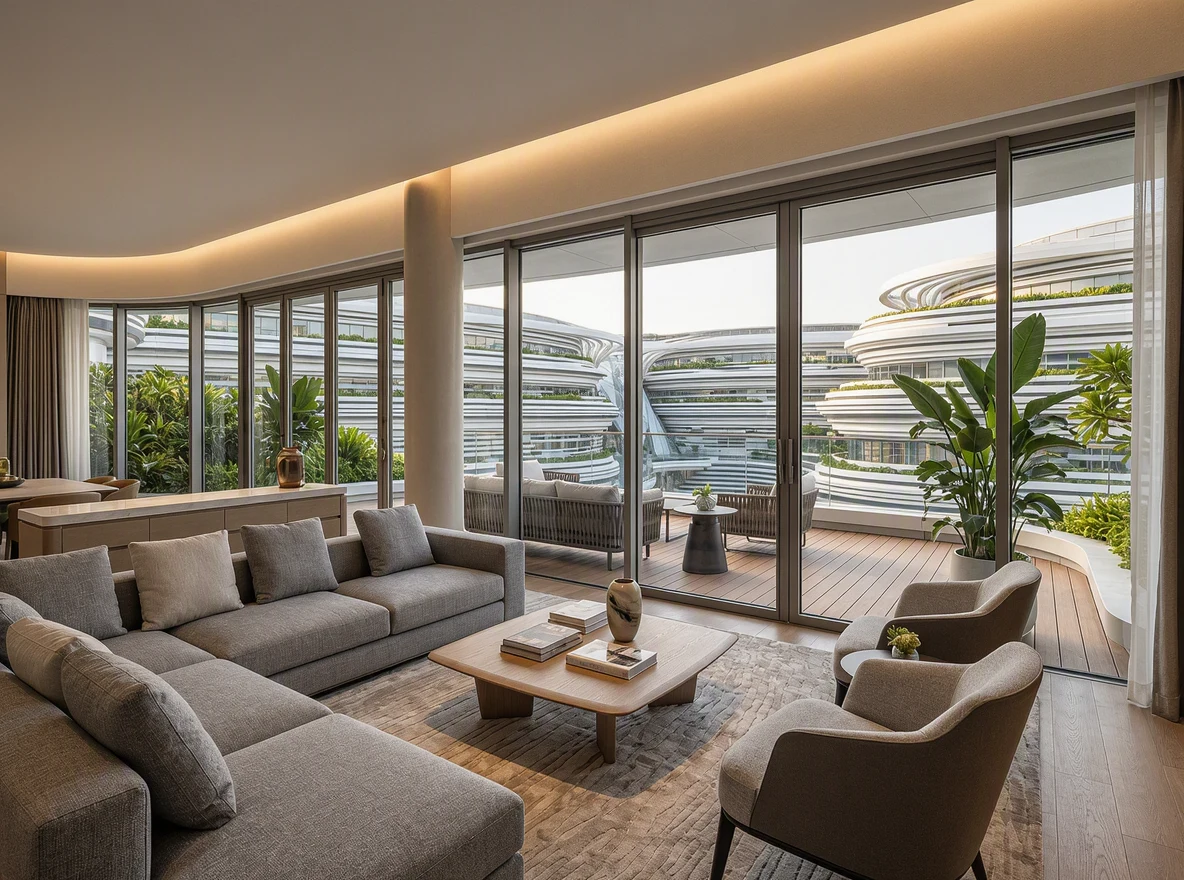 Expansive Open-Plan Living Room Opening Fully to Wrap-Around Balcony Terraces