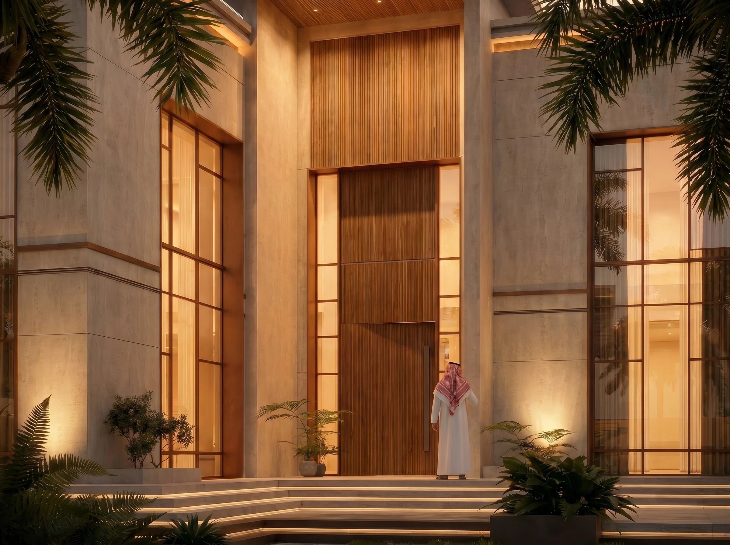 Double-Height Monumental Entrance Portico with Warm Architectural Lighting