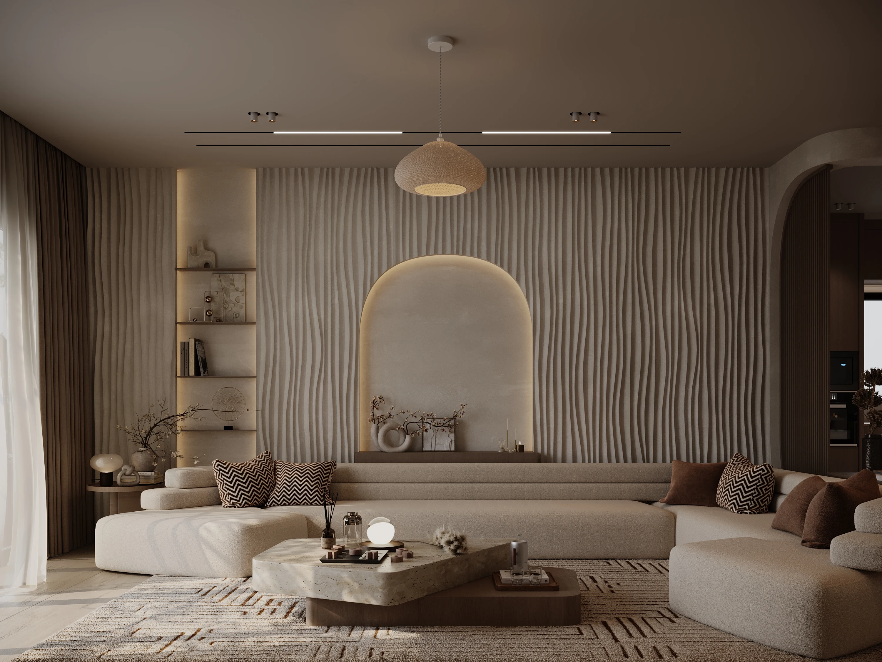 Living Room Curved Bouclé Seating Vignette with Backlit Recessed Arch Feature