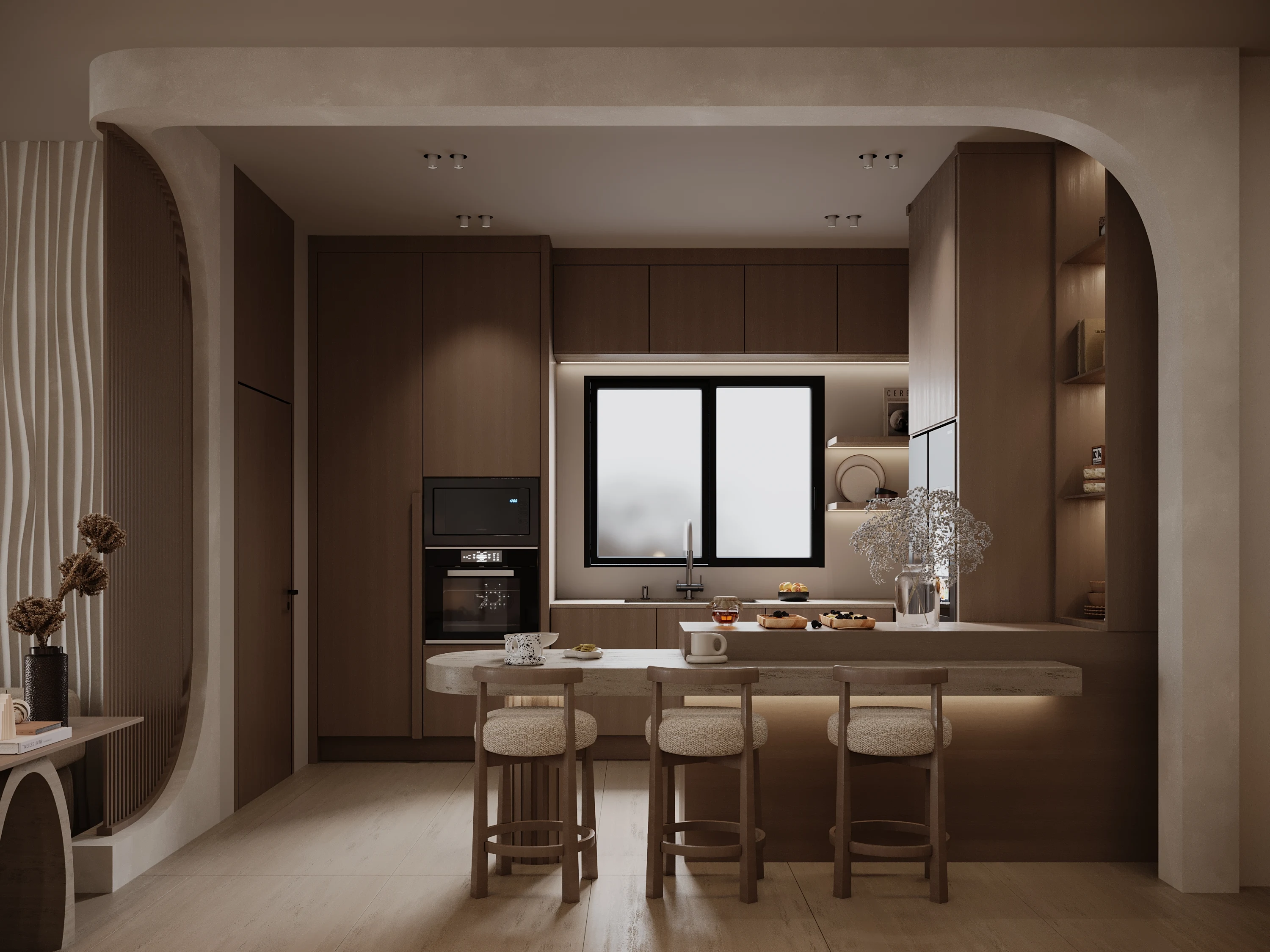 Living Room Orientation Toward External Patio and Floor-to-Ceiling Windows