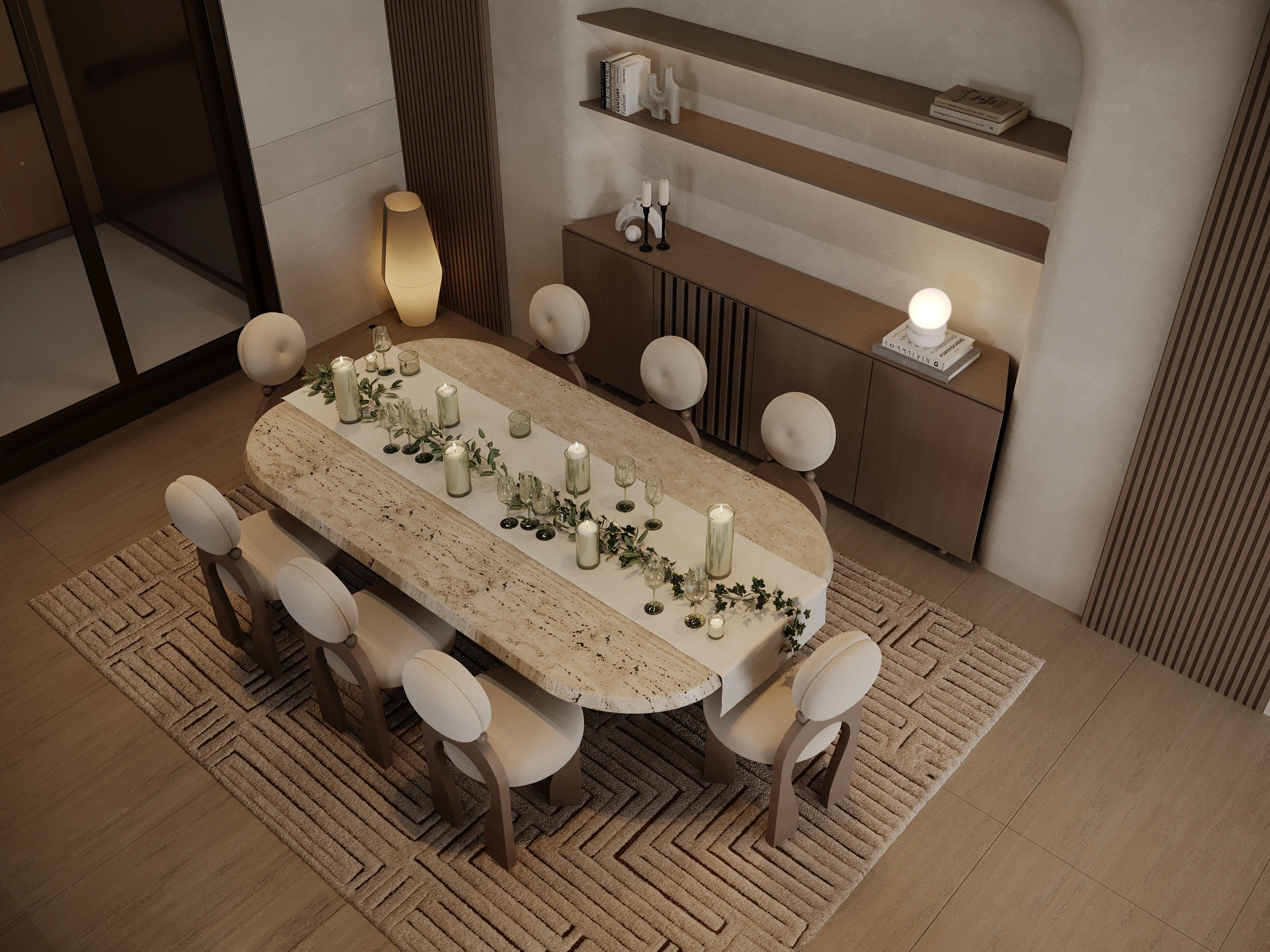 Formal Dining Room Front Elevation Featuring Sculptural Arch and Floating Buffet