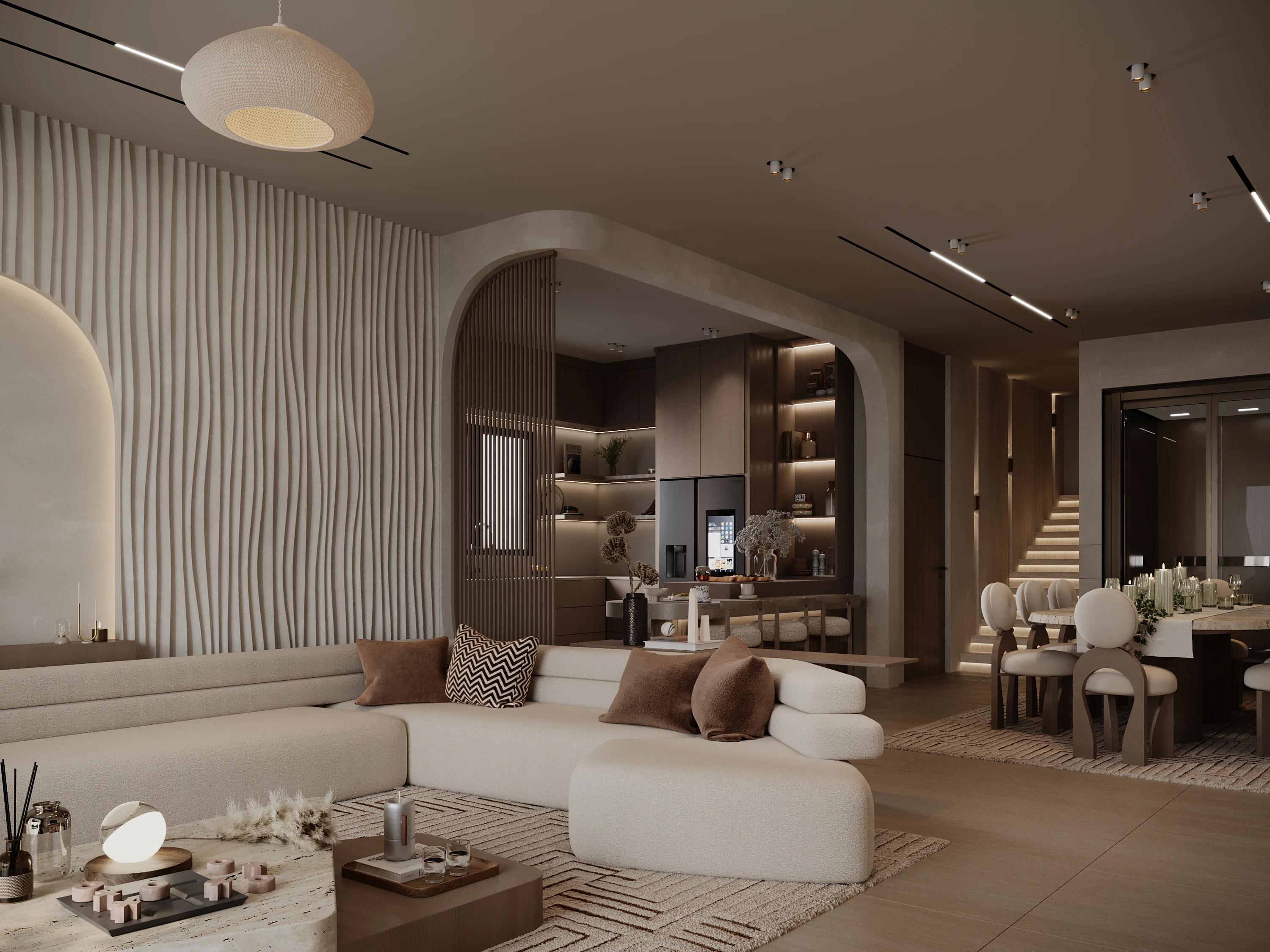 Sculpted Calm Residence Living & Dining — Riyadh, Saudi Arabia