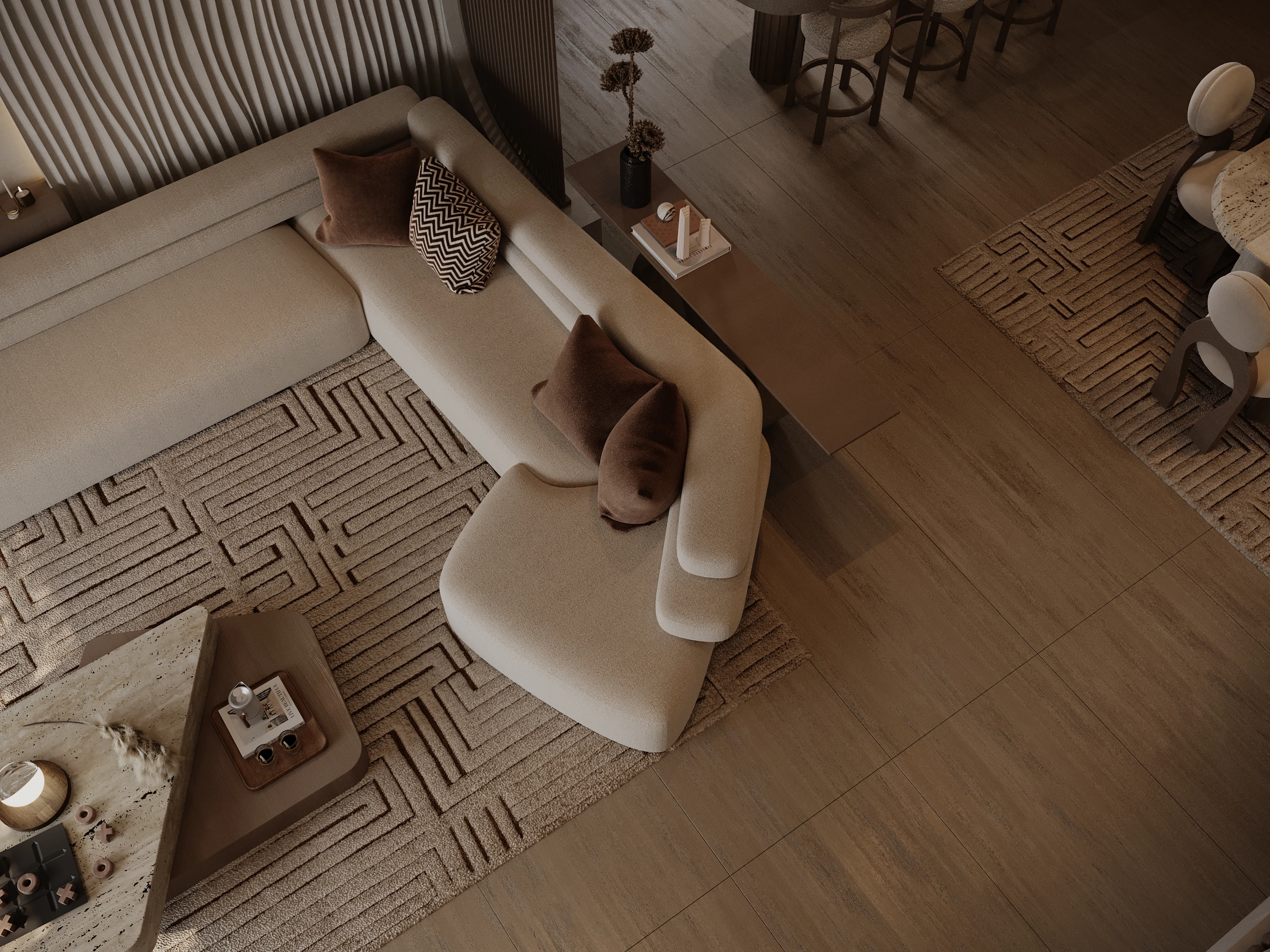 High-Angle Perspective of Formal Dining Zone with Monolithic Slabs and Organic Chairs