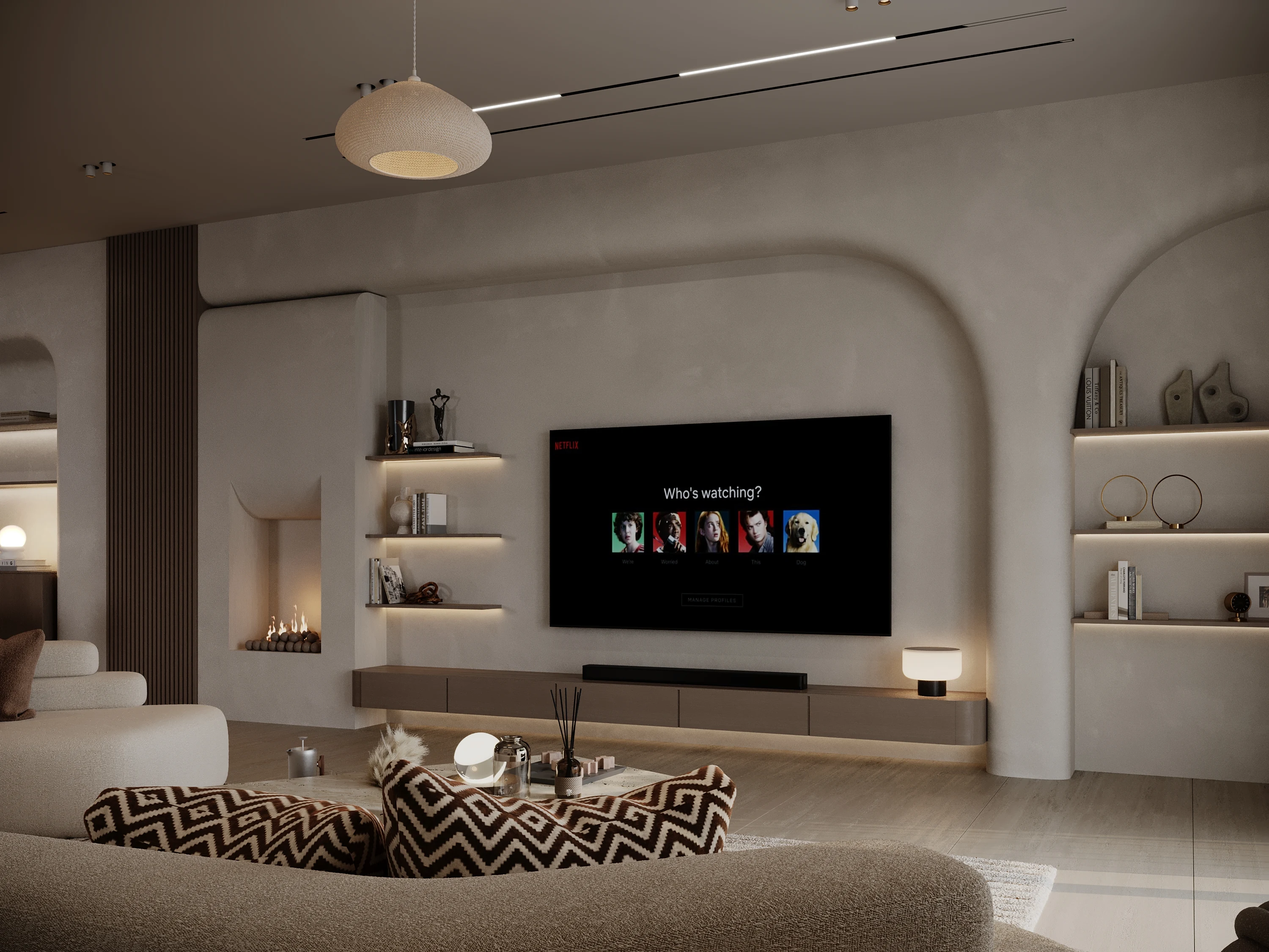 Curved Plaster TV Wall Feature with Recessed Niche and Integrated Fireplace