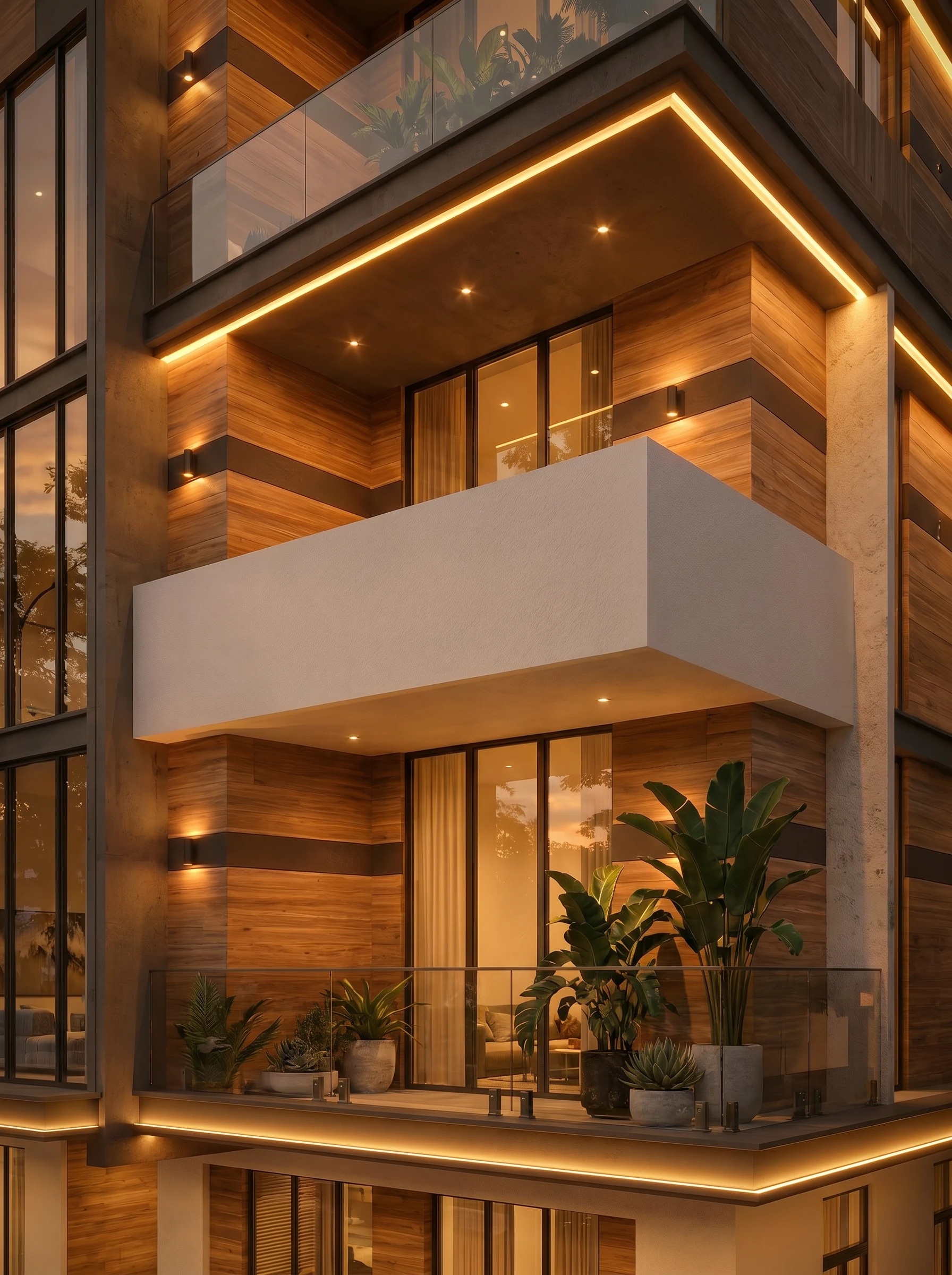 Cantilevered Corner Balcony Featuring Warm Teak Panelling & Frameless Glass Railing