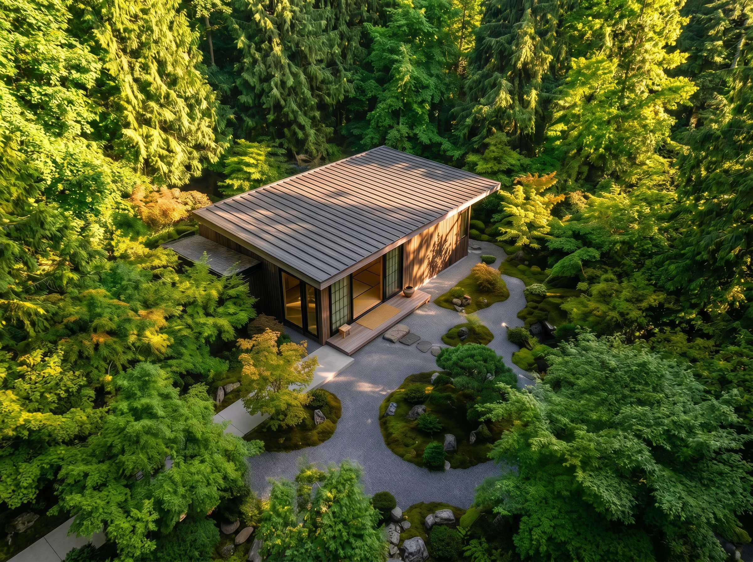 Aerial Panoramic View of Zen House Embedded in Dense Forest Canopy